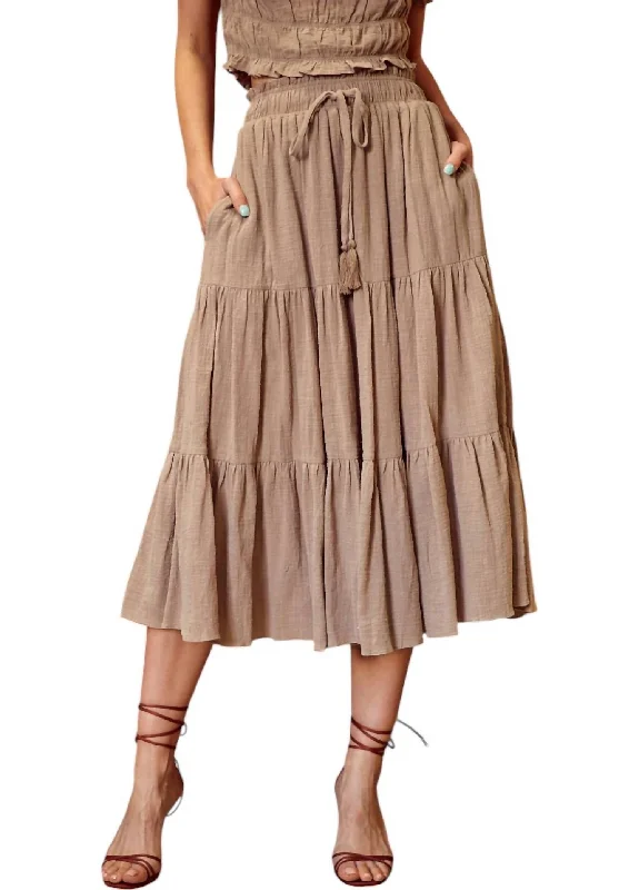 Charming Women's Clothes For Special Events Tiered Midi Skirt In Dark Latte