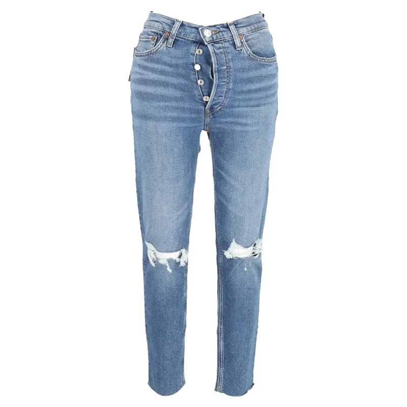 Women's Transitional Outfit Re/Done Ripped Buttoned Slim-Fit Jeans in Blue Cotton Denim