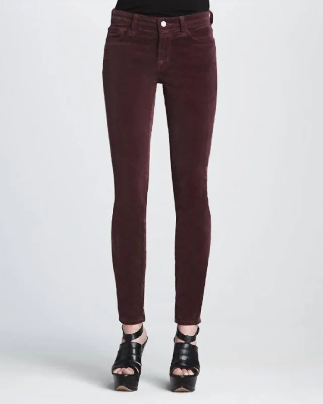 Women's Evening Apparel Blackberry Corduroy Mid Rise Stretch Pants In Dark Red