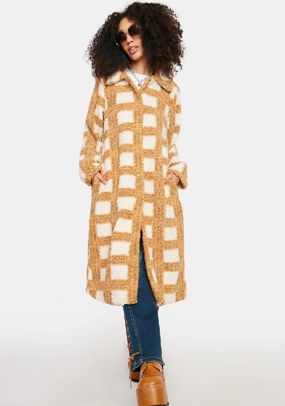 Women's Evening Clothing Camel Checkered Longline Coat