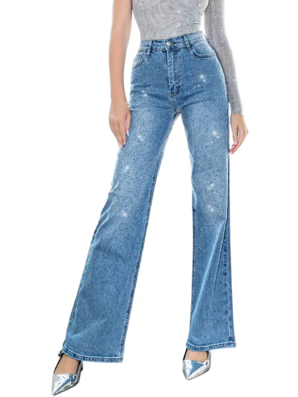 Women's Active Garments For Workouts Celine All Over Rhinestone Flare Jeans In Blue