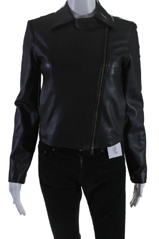 Women's Vintage Clothes Vince Womens Front Zip Long Sleeve Collared Soft Leather Jacket Black