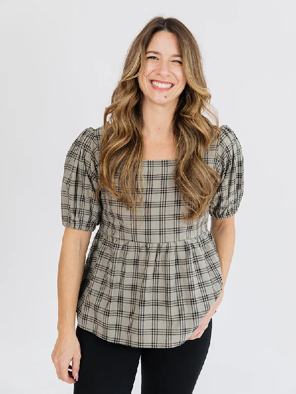 Comfortable Lounge Clothing Nico Babydoll Top - Cement Plaid