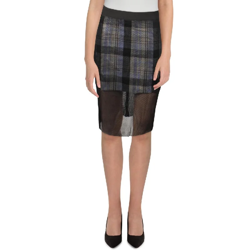 Women's Chic Outerwear Attire Womens Mesh Plaid Pencil Skirt