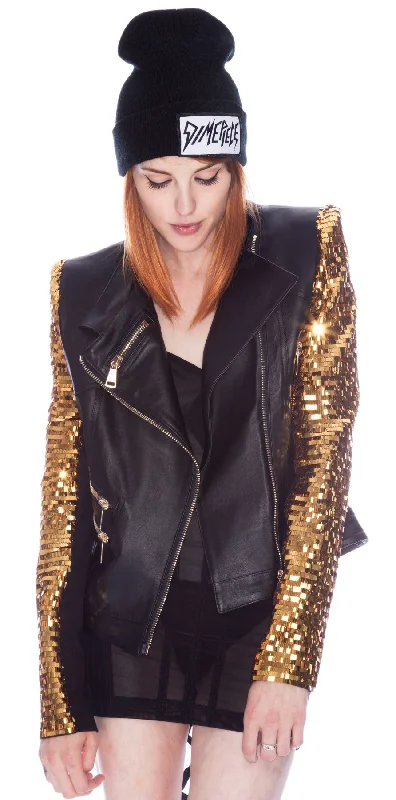 Stylish Outerwear Clothing For Women Chen Gold Sequin Leather Jacket