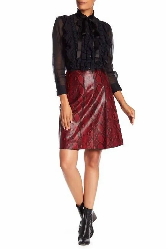 Women's Casual Wear Outfit Leather Snake Embossed Pleated Skirt In Red/black