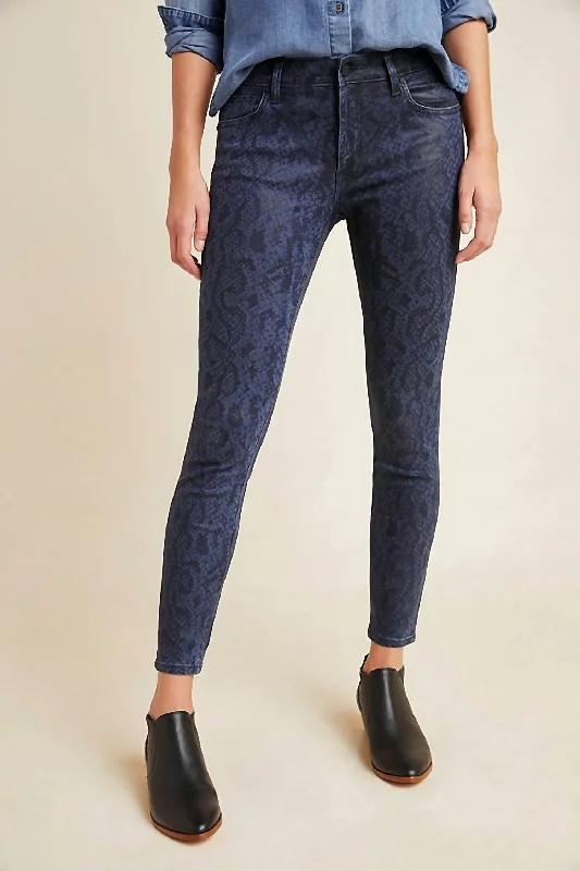 Women's Formal Apparel The Charlie High Rise Coated Snake Print Skinny Jeans In Navy Blue