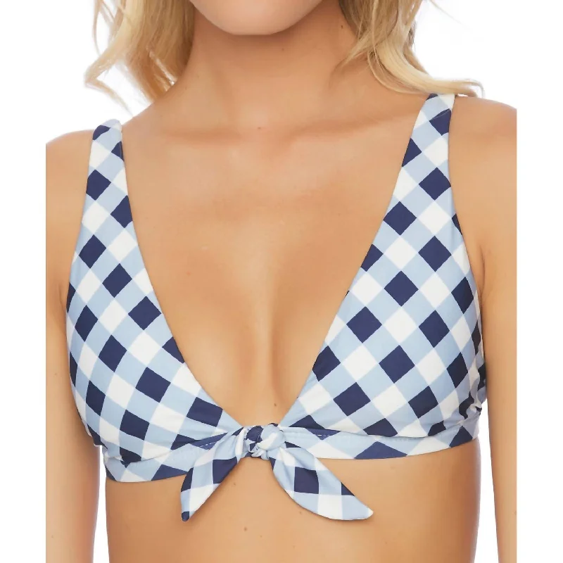 Women's Holiday Apparel Breaking Plaid Front Tie Bikini Top In Breaking Plaid Navy