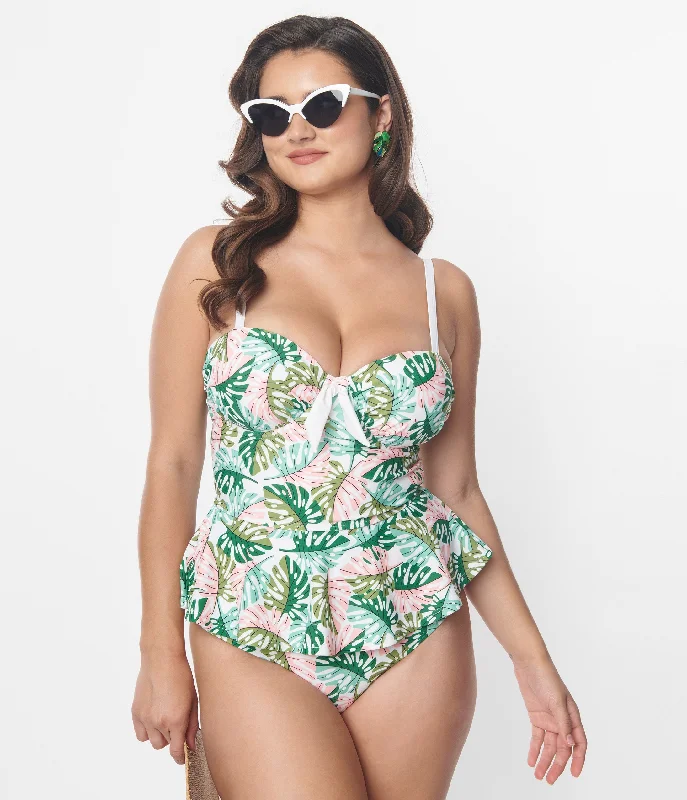 Affordable Women's Outfit Unique Vintage Green & Pink Monstera Leaf Daphne Swim Bottoms