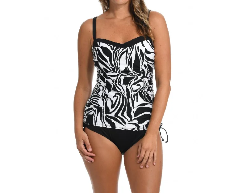 Women's Clothes For Work Abstract Zebra Shirred Tankini Top In Black/white