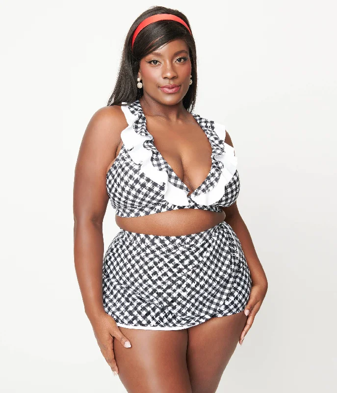 Women's Chic Outerwear Outfit Unique Vintage Plus Size Black & White Gingham High Waist Skort Swim Bottom