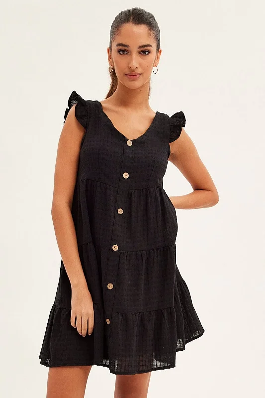 Women's Workout Garments Black Button Front Mini Swing Dress