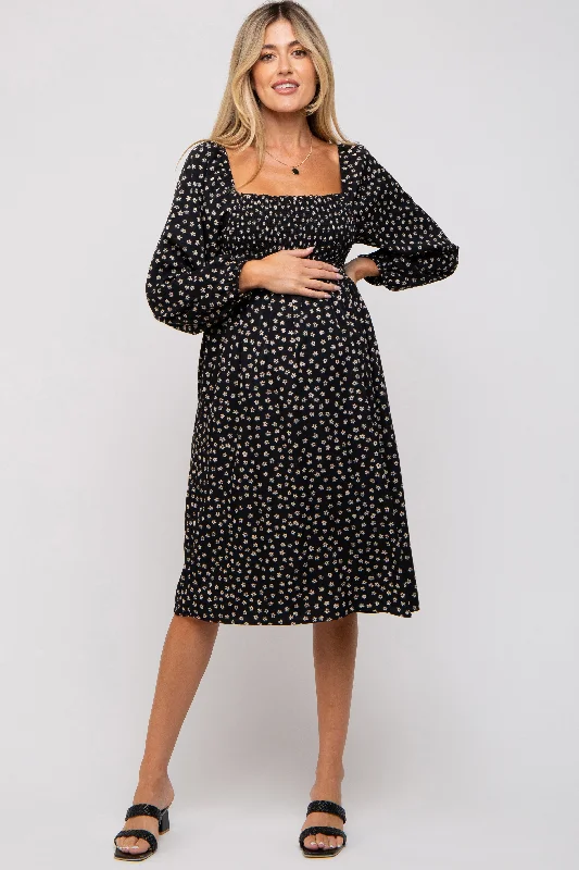 Affordable Luxury Women's Garments Black Floral Smocked Long Sleeve Maternity Dress