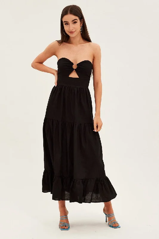 Women's Outerwear Attire Black Maxi Dress Sleeveless Bandeau Ring Detail