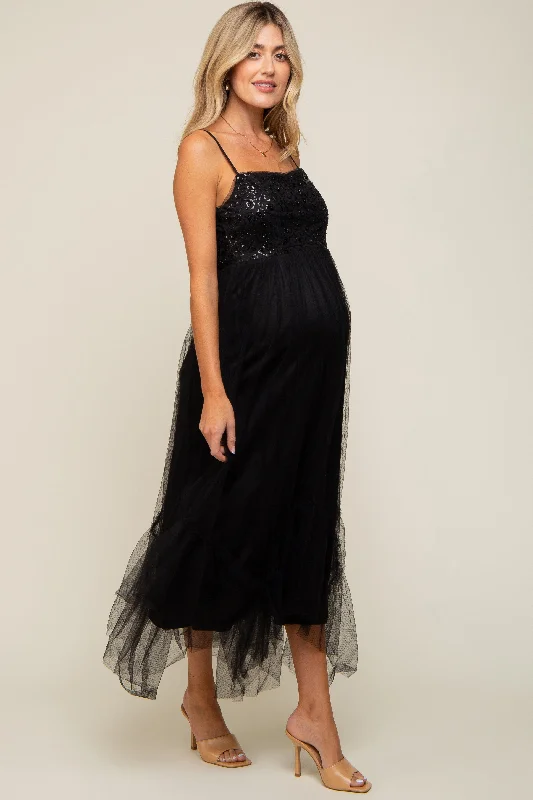 Women's Luxury Garments Black Sequin Top Tulle Maternity Midi Dress