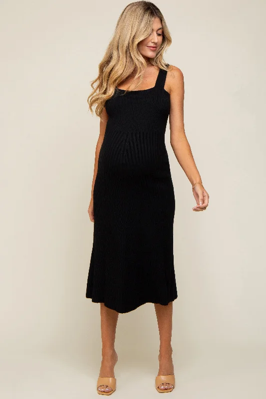 Women's Chic Outerwear Garments Black Sweater Knit A-Line Maternity Midi Dress