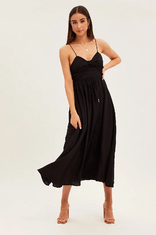 Charming Women's Garments Black Twist Front Detail Satin Maxi Dress