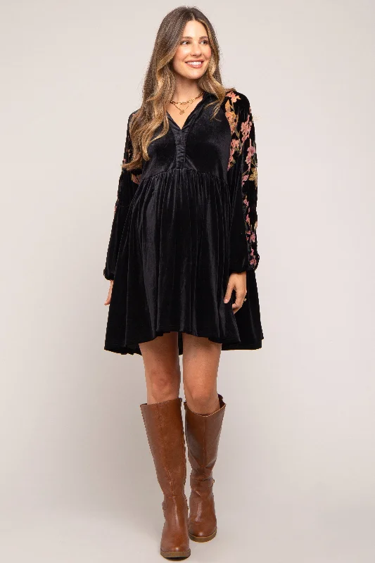 Timeless Women's Outfit Black Velvet Floral Long Sleeve Maternity Dress