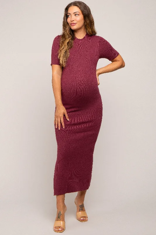 Women's Everyday Attire Burgundy Knit Fitted Mock Neck Maternity Midi Dress