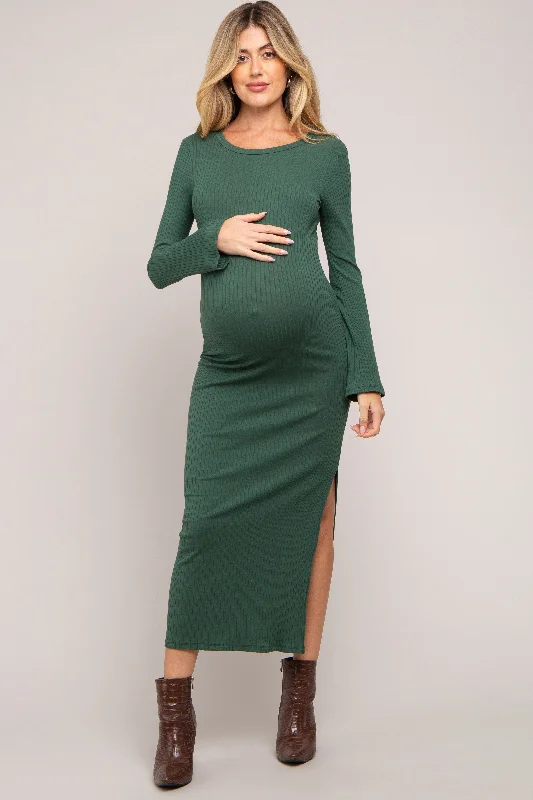 Luxury Women's Clothing Forest Green Ribbed Side Slit Maternity Maxi Dress