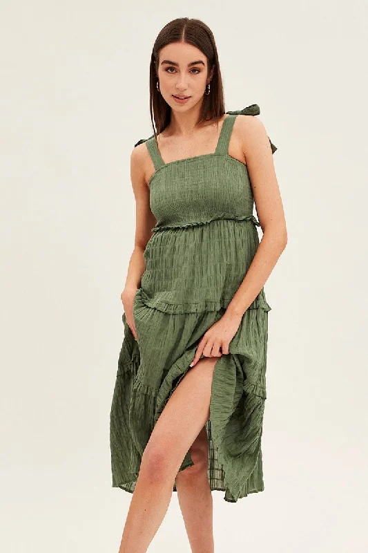 Women's Tops And Clothing Green Midi Dress Sleeveless Shirred Texture Cotton