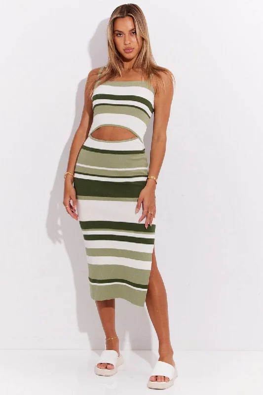 Women's Comfortable Lounge Outfit Green Stripe Knit Dress Sleeveless Midi Cut Out