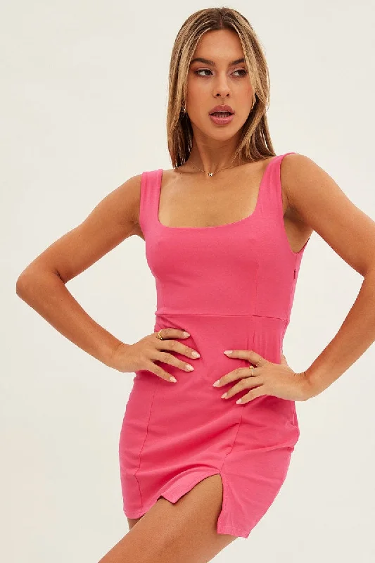 Women's Loungewear Clothes Pink Bodycon Dress Front Split Square Scoop Neck