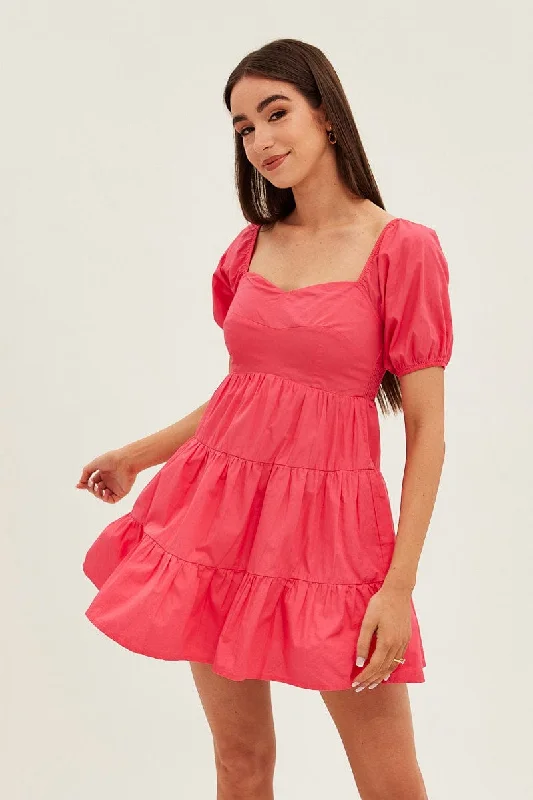 Women's Resort Attire Pink Fit And Flare Dress Mini Sweetheart Poplin