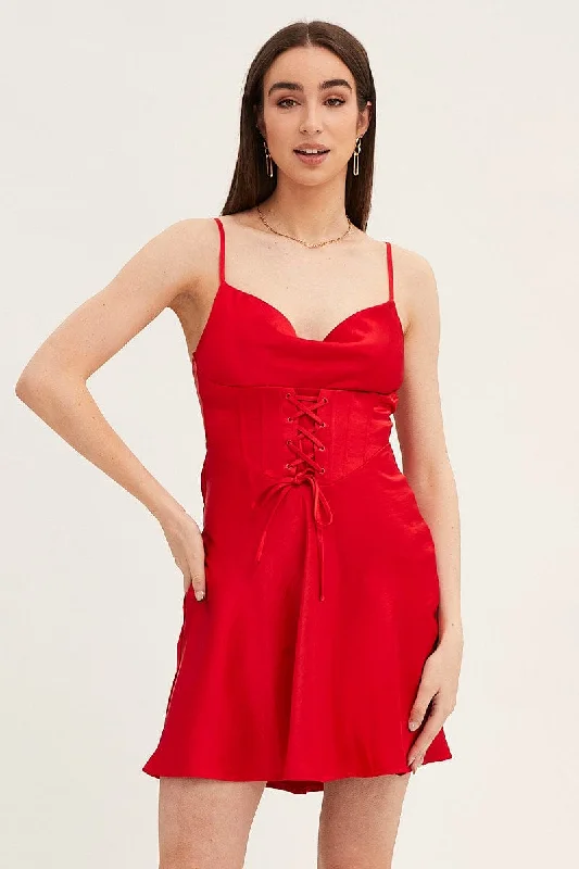 Tailored Clothing For Women Red Mini Dress Sleeveless Cowl Neck Corset Waist Satin