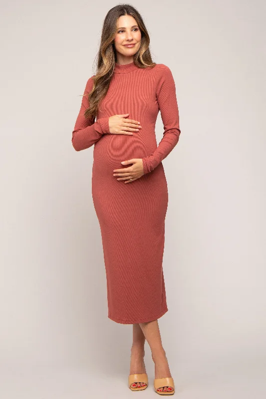 Women's Romantic Outfit Rust Ribbed Mock Neck Maternity Midi Dress