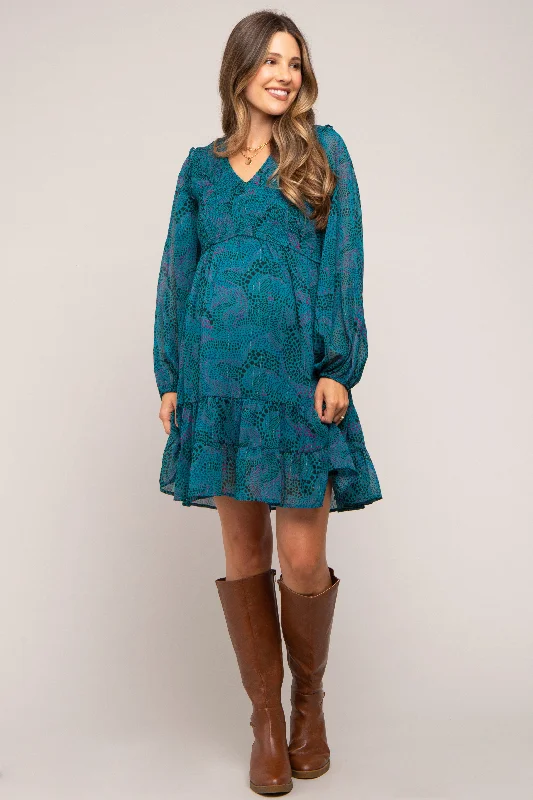 Casual Clothing For Women Teal Printed Smocked Long Sleeve Maternity Dress