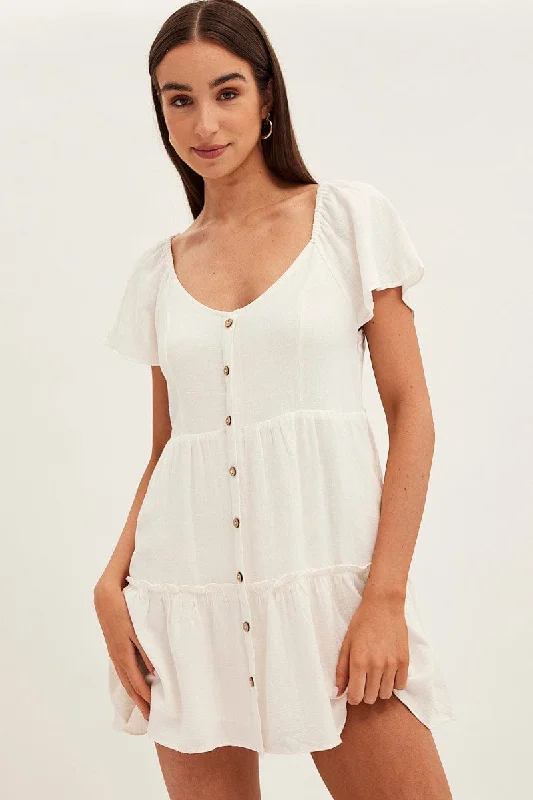 Affordable Women's Apparel White Dress Square Neck Short Sleeve Tiered Button Front