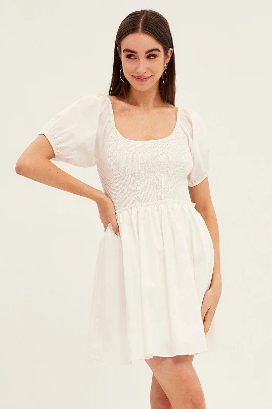 Women's Trendy Clothing White Fit And Flare Dress Puff Sleeve Mini Poplin