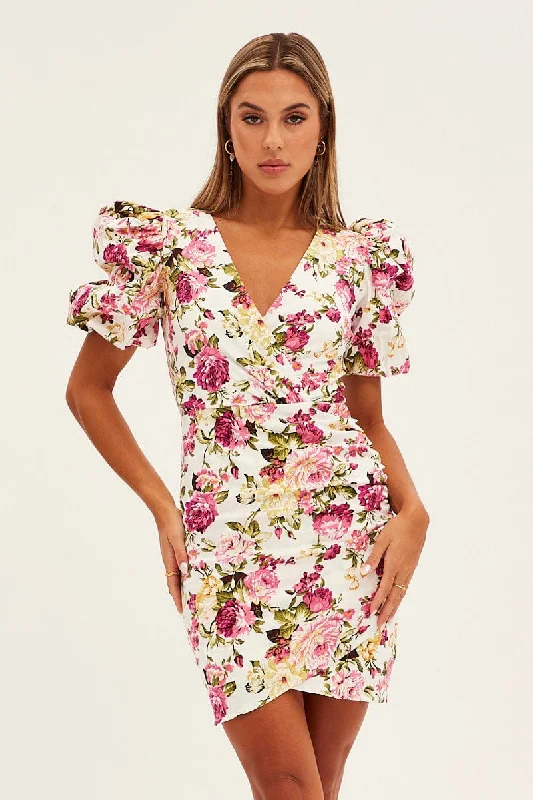 Women's Stylish Vacation Attire White Floral Mini Dress Puff Sleeve V-Neck