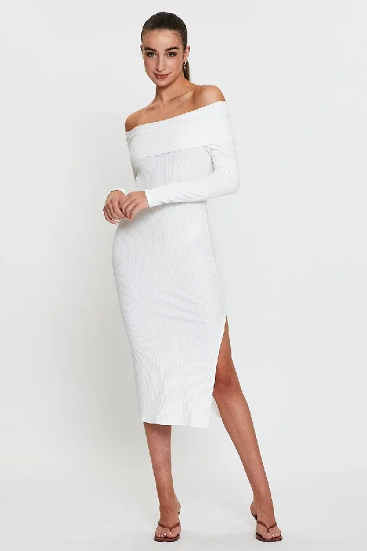 Formal Attire For Women White Midi Dress Off Shoulder Long Sleeve