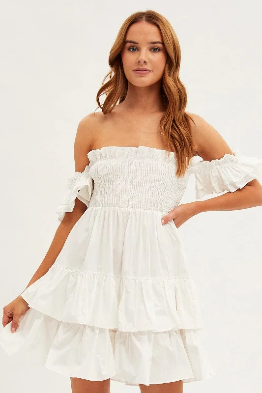 Women's Travel Outfit Set White Off Shoulder Dress Tiered Ruched Bodice