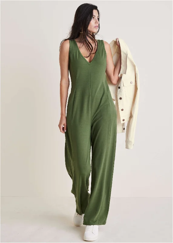 Women's Outfit For The Office Relaxed V-Neck Jumpsuit - Bronze Green