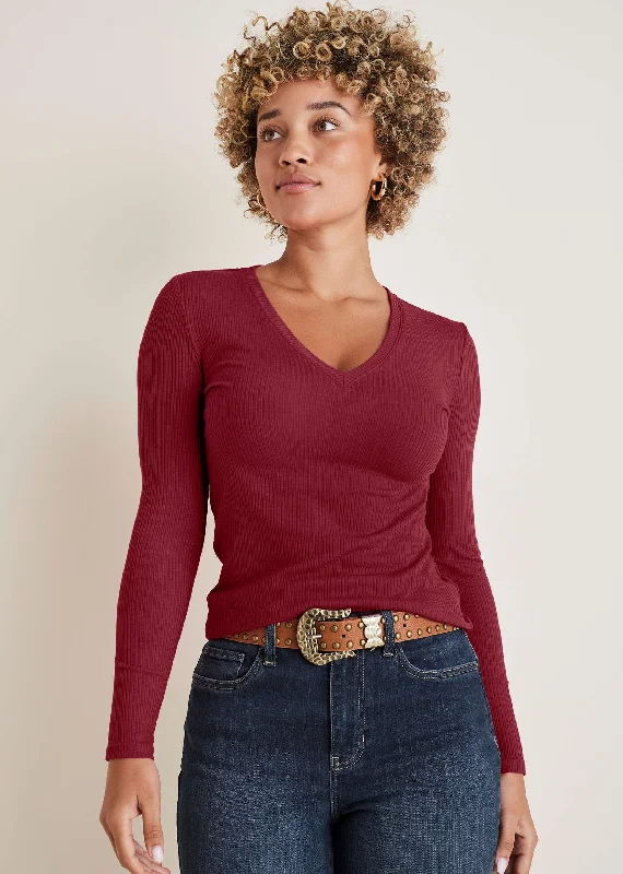 Women's Comfortable Lounge Garments Ribbed Long Sleeve V-Neck - Wine