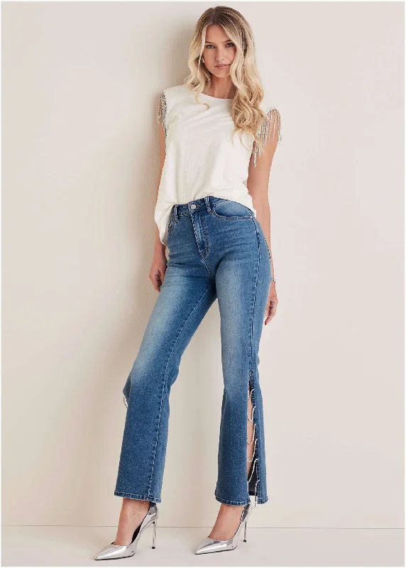 Women's Seasonal Clothing Rhinestone Flare Jeans  - Medium Wash