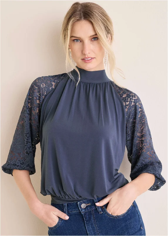 Stylish Women's Garments For Holidays Lace Sleeve Blouse - Vintage Indigo