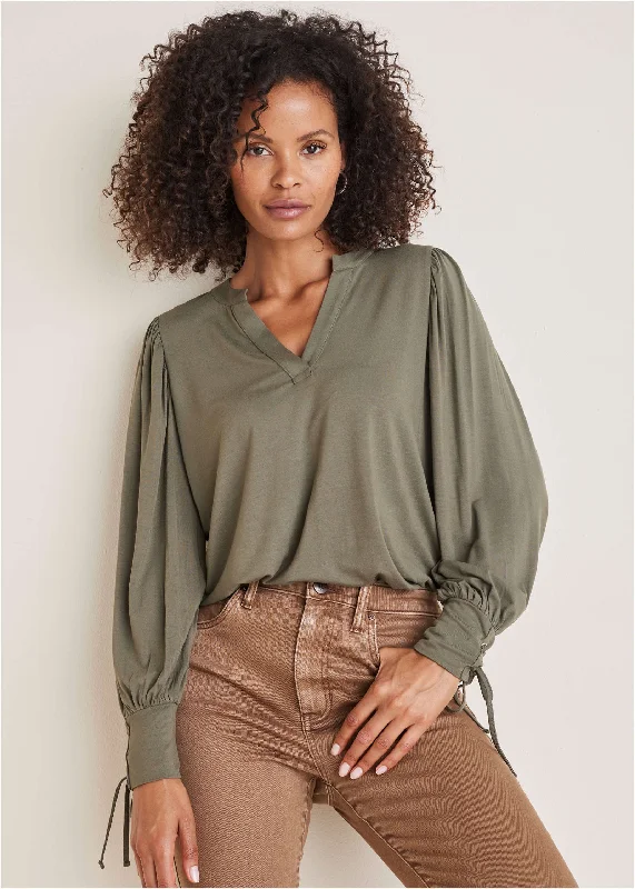 Women's Professional Attire V-Neck Puff Sleeve Top - Olive