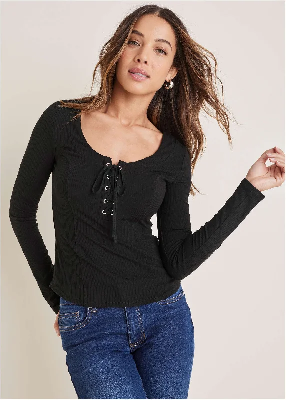 Affordable Luxury Women's Apparel Lace-Up Ribbed Top - Black