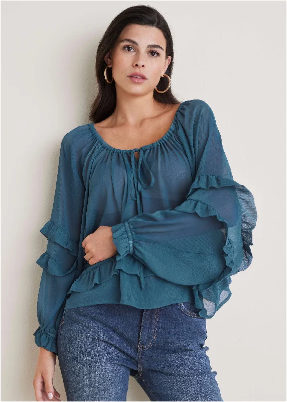 Stylish Women's Apparel Chiffon Ruffled Blouse - Navy