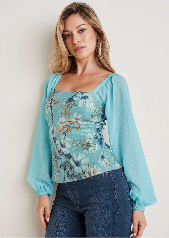 Women's Holiday Outfit Opulent Sequin Blouse - Light Blue Multi