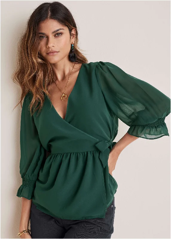 Women's Outerwear Garments Wrap Tie Blouse - Aventurine