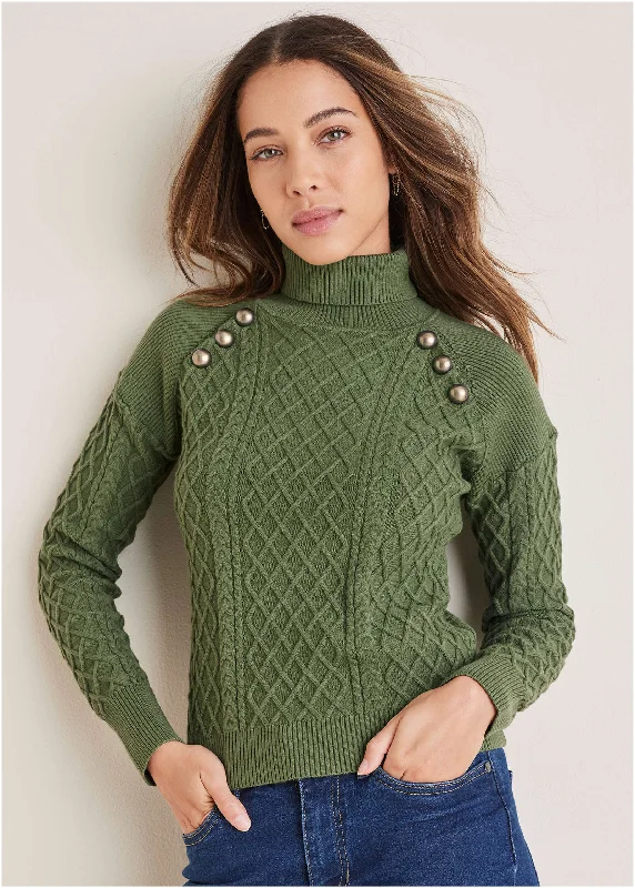 Women's Night-Out Outfit Military Button Sweater - Bronze Green