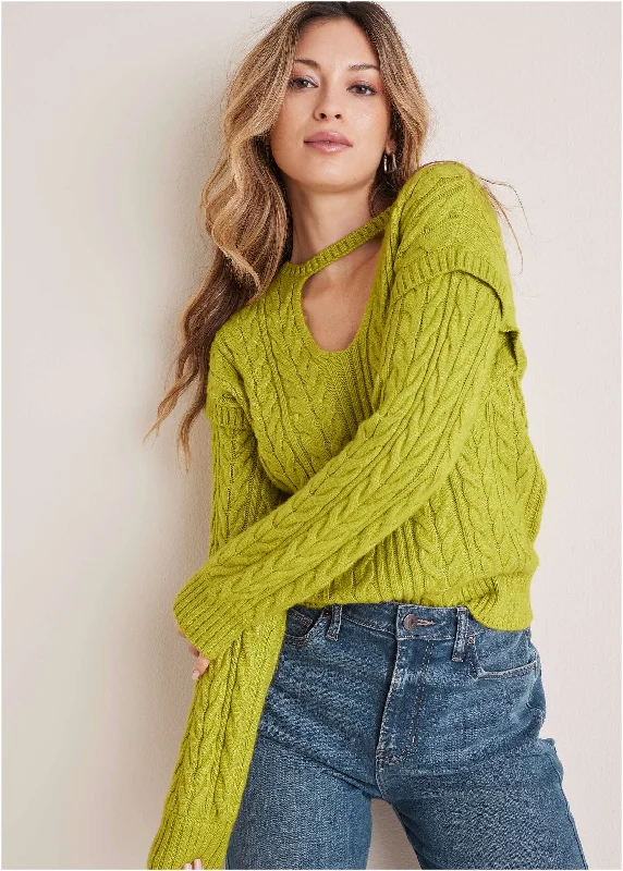 Women's Casual Garments Cable Knit Cut-Out Sweater - Lentil Sprout