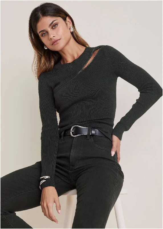 Women's Office Attire Lightweight Zipper Sweater  - Black