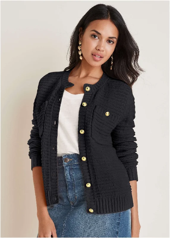 Women's Comfortable Lounge Outfit Button Detail Cardigan - Black