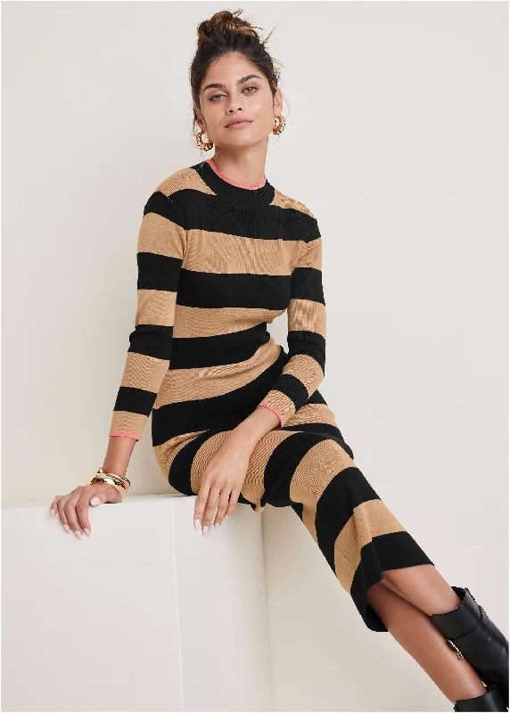 Sustainable Women's Clothes Stripe Midi Sweater Dress - Black & Tan